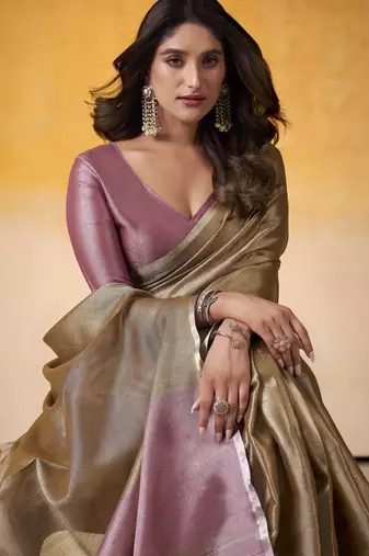 GOLDEN tissue silk blend saree with contrast border & matching blouse