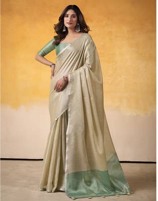 CREAM tissue silk blend saree with contrast border & matching blouse 1