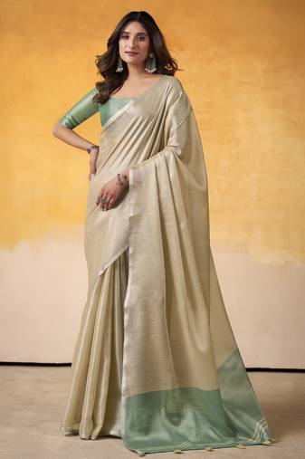 CREAM tissue silk blend saree with contrast border & matching blouse