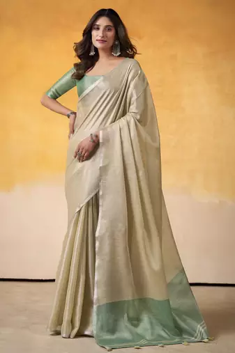 CREAM tissue silk blend saree with contrast border & matching blouse