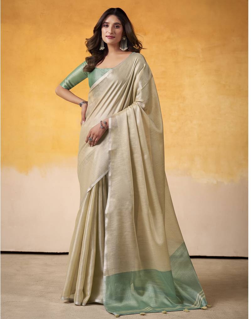 CREAM tissue silk blend saree with contrast border & matching blouse