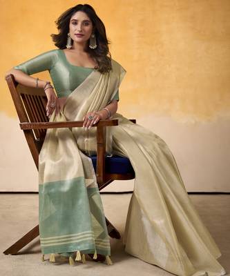 CREAM tissue silk blend saree with contrast border & matching blouse 2