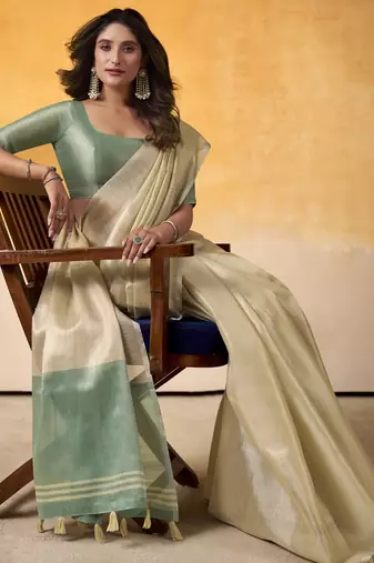 CREAM tissue silk blend saree with contrast border & matching blouse