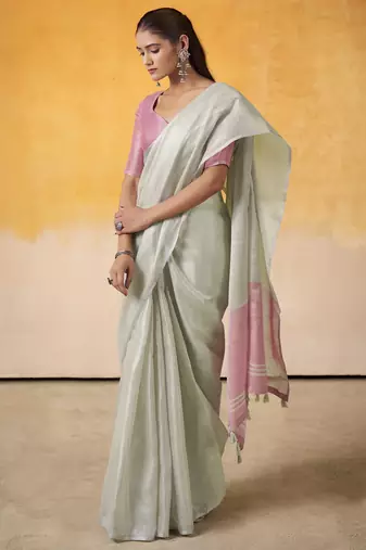 GREEN tissue silk blend saree with contrast border & matching blouse
