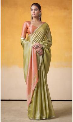 OLIVE tissue silk blend saree with contrast border & matching blouse 1