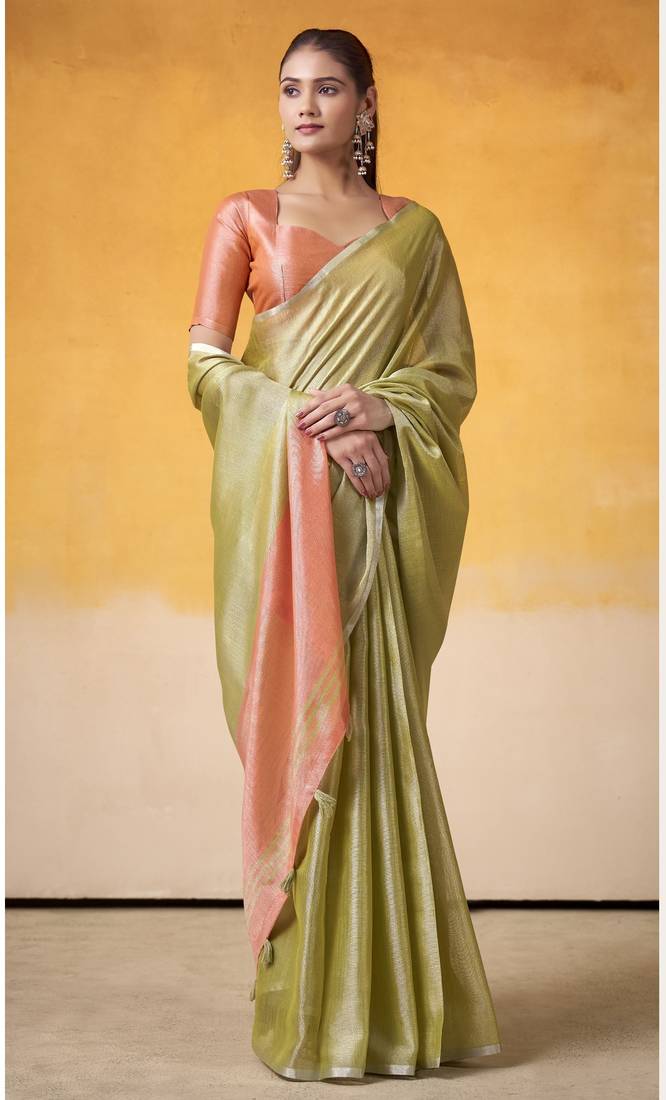 OLIVE tissue silk blend saree with contrast border & matching blouse
