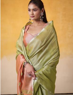 OLIVE tissue silk blend saree with contrast border & matching blouse 2