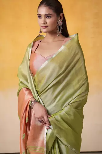 OLIVE tissue silk blend saree with contrast border & matching blouse