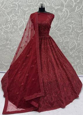 Red Color Embroidery,Sequins,Pati,Dori And Zircon Diamond Work Net Lehenga choli 4