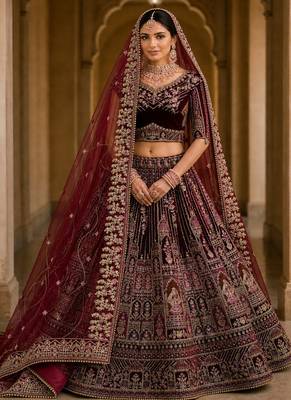 Maroon Color Dori Work,Zari Embroidered,Multi Thread Work,Sequence Work Velvet Lehenga Choli 1