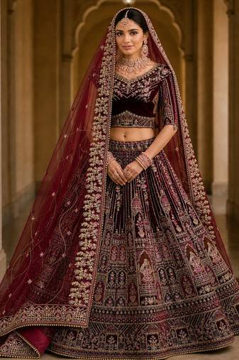 Maroon Dori Zari Embroidered Multi Thread Sequin Velvet Lehenga Choli