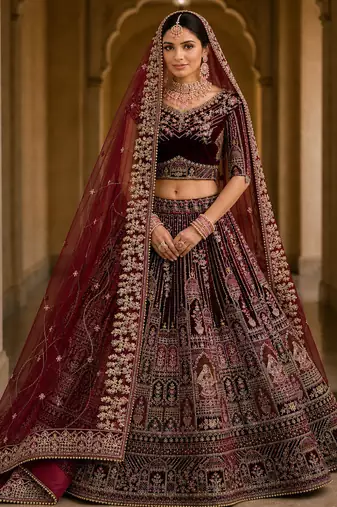 Maroon Dori Zari Embroidered Multi Thread Sequin Velvet Lehenga Choli
