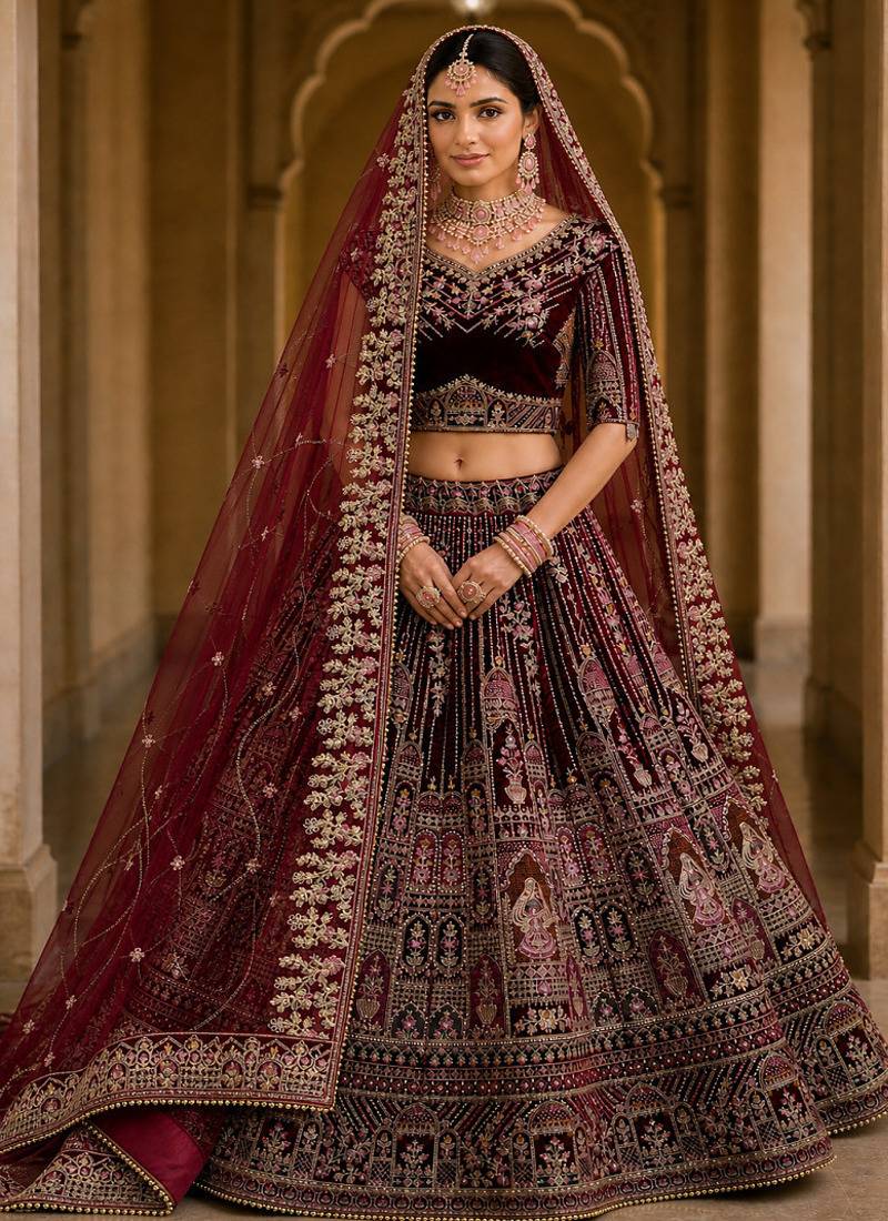 Maroon Dori Zari Embroidered Multi Thread Sequin Velvet Lehenga Choli