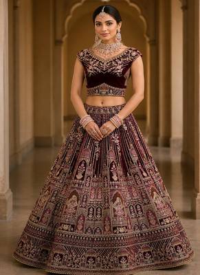 Maroon Color Dori Work,Zari Embroidered,Multi Thread Work,Sequence Work Velvet Lehenga Choli 2