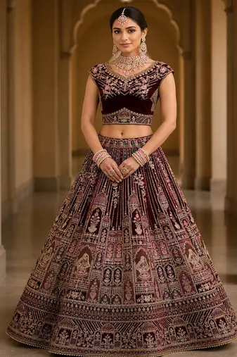 Maroon Color Dori Work,Zari Embroidered,Multi Thread Work,Sequence Work Velvet Lehenga Choli