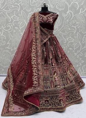 Maroon Color Dori Work,Zari Embroidered,Multi Thread Work,Sequence Work Velvet Lehenga Choli 3
