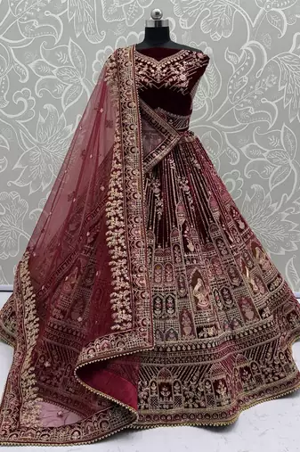 Maroon Color Dori Work,Zari Embroidered,Multi Thread Work,Sequence Work Velvet Lehenga Choli