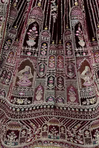 Maroon Color Dori Work,Zari Embroidered,Multi Thread Work,Sequence Work Velvet Lehenga Choli