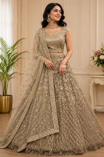 Golden Multi Thread Sequin Zari Embroidery Zircon Studded Net Lehenga Choli