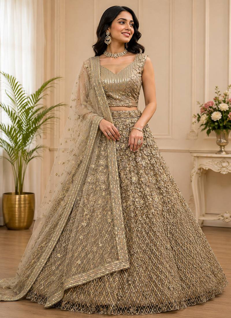 Golden Multi Thread Sequin Zari Embroidery Zircon Studded Net Lehenga Choli