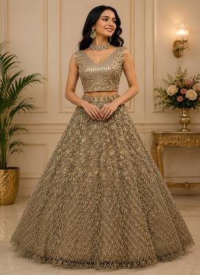Golden Color Multi Thread Work,Sequence,Zari Embroidery,Zircon Studded All Over Work Net Lehenga Choli 2