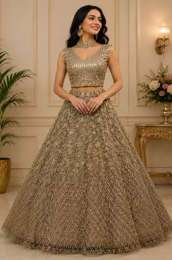 Golden Color Multi Thread Work,Sequence,Zari Embroidery,Zircon Studded All Over Work Net Lehenga Choli