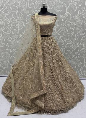 Golden Color Multi Thread Work,Sequence,Zari Embroidery,Zircon Studded All Over Work Net Lehenga Choli 3