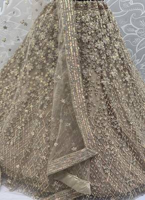 Golden Color Multi Thread Work,Sequence,Zari Embroidery,Zircon Studded All Over Work Net Lehenga Choli 4
