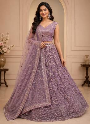 Lavender Color Multi Thread Work,Sequence,Zari Embroidery,Zircon Studded All Over Work Net Lehenga Choli 1