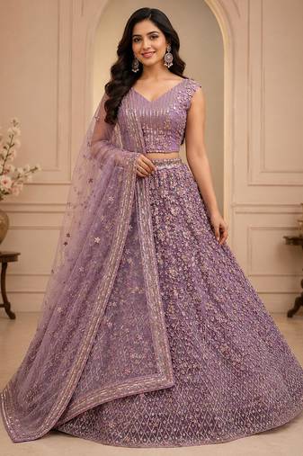 Lavender Multi Thread Sequin Zari Embroidery Zircon Studded Net Lehenga Choli