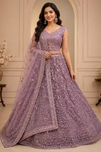 Lavender Multi Thread Sequin Zari Embroidery Zircon Studded Net Lehenga Choli