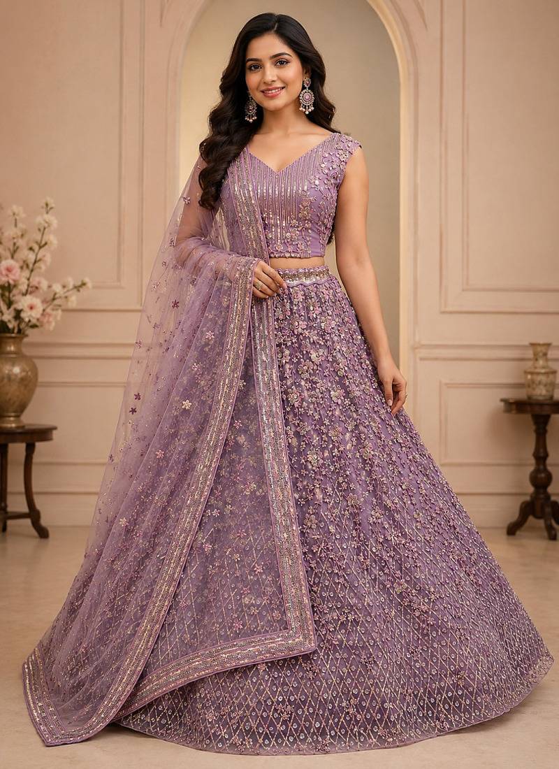 Lavender Multi Thread Sequin Zari Embroidery Zircon Studded Net Lehenga Choli