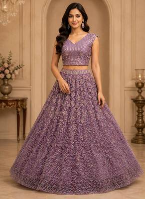 Lavender Color Multi Thread Work,Sequence,Zari Embroidery,Zircon Studded All Over Work Net Lehenga Choli 2
