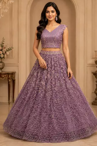 Lavender Color Multi Thread Work,Sequence,Zari Embroidery,Zircon Studded All Over Work Net Lehenga Choli