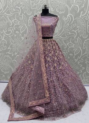 Lavender Color Multi Thread Work,Sequence,Zari Embroidery,Zircon Studded All Over Work Net Lehenga Choli 3