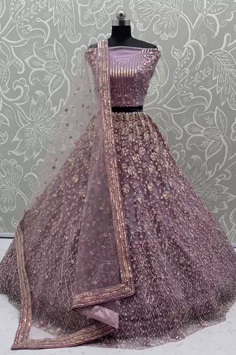 Lavender Color Multi Thread Work,Sequence,Zari Embroidery,Zircon Studded All Over Work Net Lehenga Choli