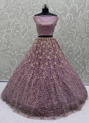 Lavender Color Multi Thread Work,Sequence,Zari Embroidery,Zircon Studded All Over Work Net Lehenga Choli 4