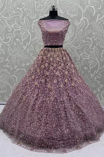 Lavender Color Multi Thread Work,Sequence,Zari Embroidery,Zircon Studded All Over Work Net Lehenga Choli