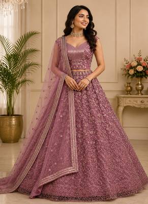 Pink Color Multi Thread Work,Sequence,Zari Embroidery,Zircon Studded All Over Work Net Lehenga Choli 1