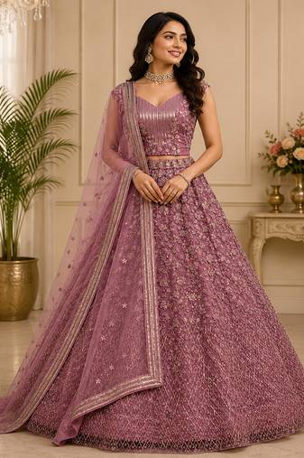 Pink Multi Thread Sequin Zari Embroidery Zircon Studded Net Lehenga Choli