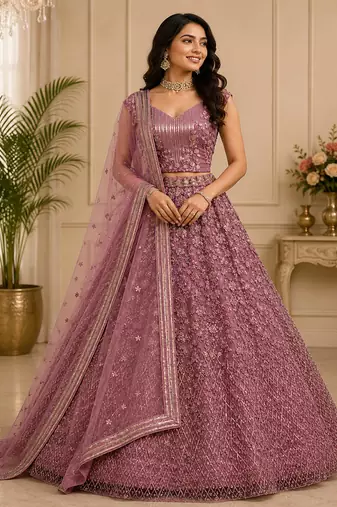 Pink Multi Thread Sequin Zari Embroidery Zircon Studded Net Lehenga Choli