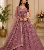 Pink Multi Thread Sequin Zari Embroidery Zircon Studded Net Lehenga Choli