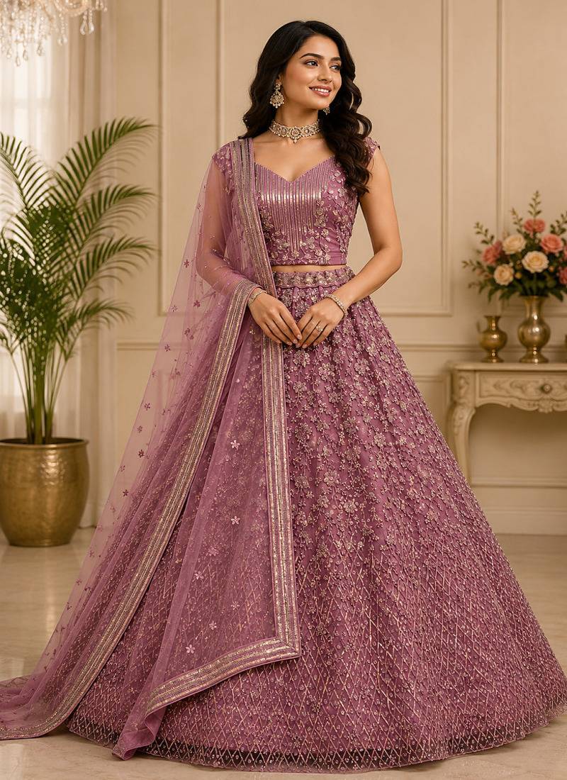 Pink Multi Thread Sequin Zari Embroidery Zircon Studded Net Lehenga Choli