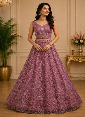 Pink Color Multi Thread Work,Sequence,Zari Embroidery,Zircon Studded All Over Work Net Lehenga Choli 2