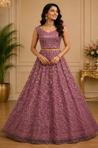 Pink Color Multi Thread Work,Sequence,Zari Embroidery,Zircon Studded All Over Work Net Lehenga Choli