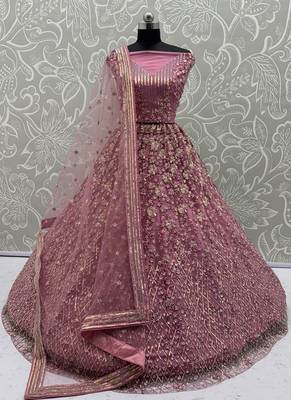 Pink Color Multi Thread Work,Sequence,Zari Embroidery,Zircon Studded All Over Work Net Lehenga Choli 3