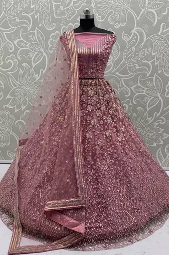 Pink Color Multi Thread Work,Sequence,Zari Embroidery,Zircon Studded All Over Work Net Lehenga Choli