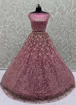 Pink Color Multi Thread Work,Sequence,Zari Embroidery,Zircon Studded All Over Work Net Lehenga Choli 4