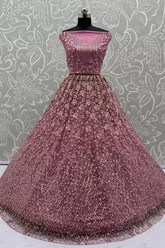 Pink Color Multi Thread Work,Sequence,Zari Embroidery,Zircon Studded All Over Work Net Lehenga Choli