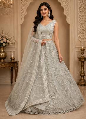 White Color Multi Thread Work,Sequence,Zari Embroidery,Zircon Studded All Over Work Net Lehenga Choli 1